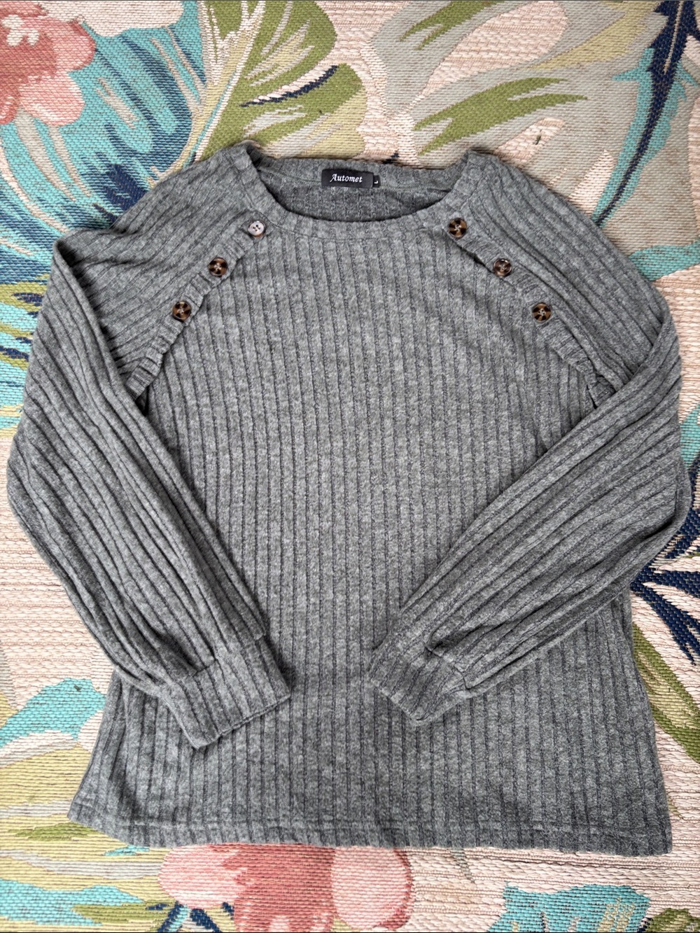 Ribbed Gray Button-Shoulder Crew Sweater